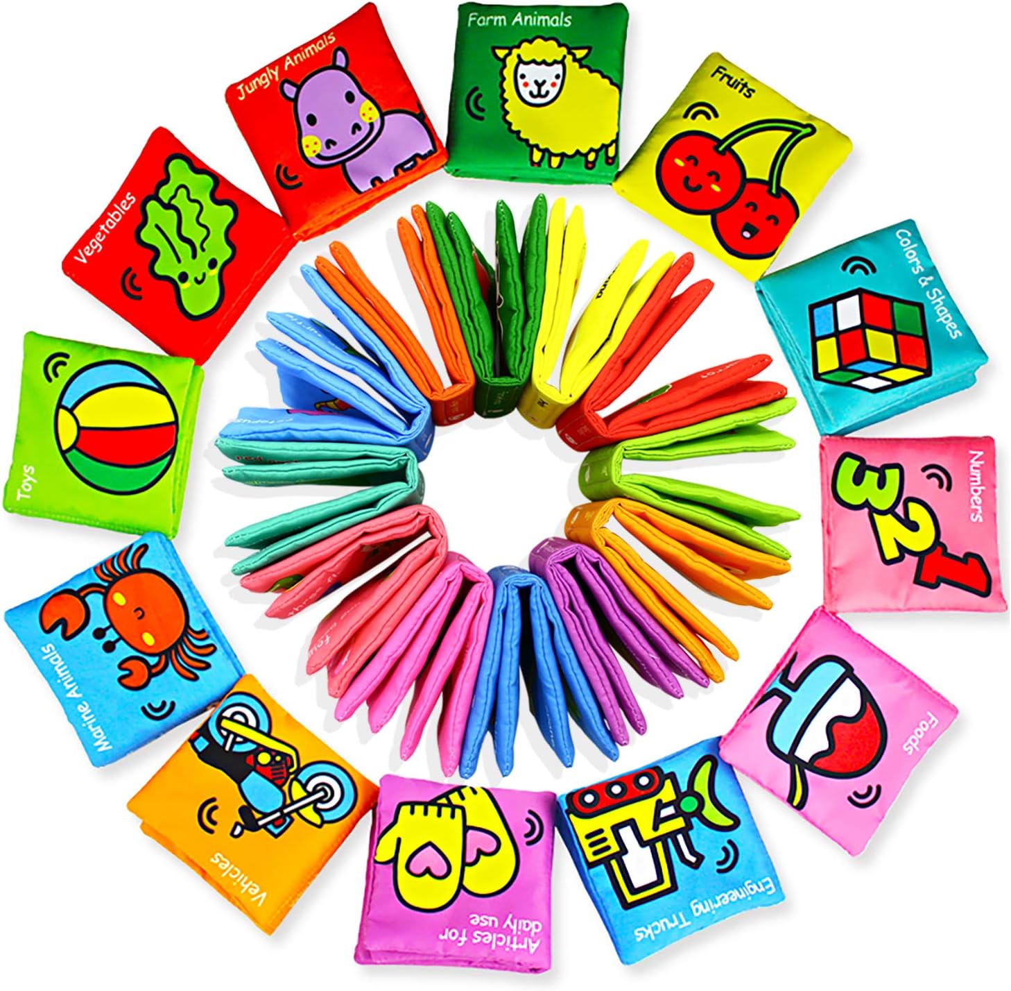 Kingtree Cloth Books for Babies (Set of 12), Non-Toxic Soft Fabric Baby Books Early Education Toy for Infants, Activity Cloth Book Rainbow Set for Toddler and Kids