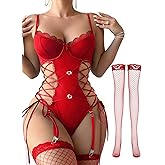 Lilosy Sexy Floral Lace Up Belt Garter Underwire Teddy Bodysuit Lingerie Set