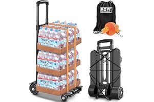 ROYI Folding Hand Truck,290lbs Heavy Duty Luggage Cart with Elastic Bungee Rope,4 Wheels Solid Construction Fold Up Dolly Compact Lightweight Utility Cart for Luggage Travel Shopping Moving Office Use