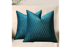 DEZENE 18x18 Teal Throw Pillow Cases: 2 Pack Original Striped Velvet Square Decorative Pillow Covers for Farmhouse Couch