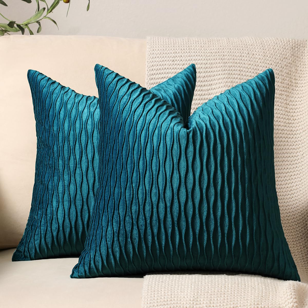 Photo 1 of DEZENE 24x24 Teal Throw Pillow Cases: 2 Pack Original Striped Velvet Square Decorative Pillow Covers for Farmhouse Couch