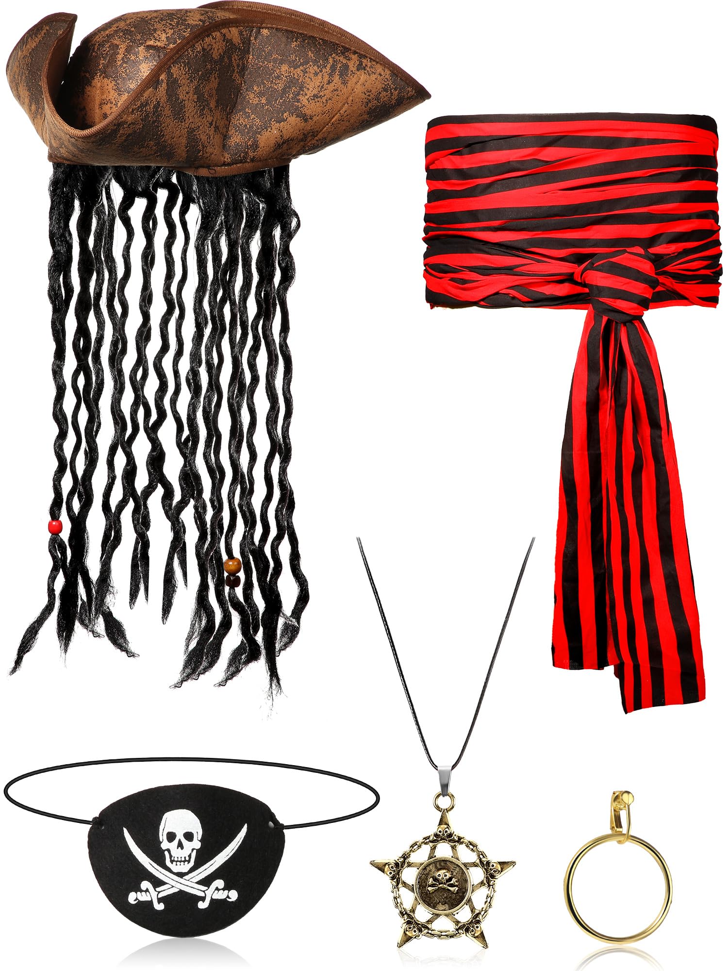 Photo 1 of 5 Pieces Halloween Pirate Costume Set, Pirate Hat with Dreadlocks Earrings Skull Necklace Eye Patch Large Sash for Men Women (Red and Black)