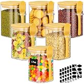 Kimqi Glass Jars with Bamboo Lids and Spoons - 6 Pack 18 Fl.oz Square Glass Containers Set, Includes Labels and Marker, Clear