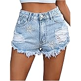 OYOANGLE Women's Ripped Rhinestone Star Y2K Washed Denim Shorts Frayed Hem Zipper Fly Jean Shorts