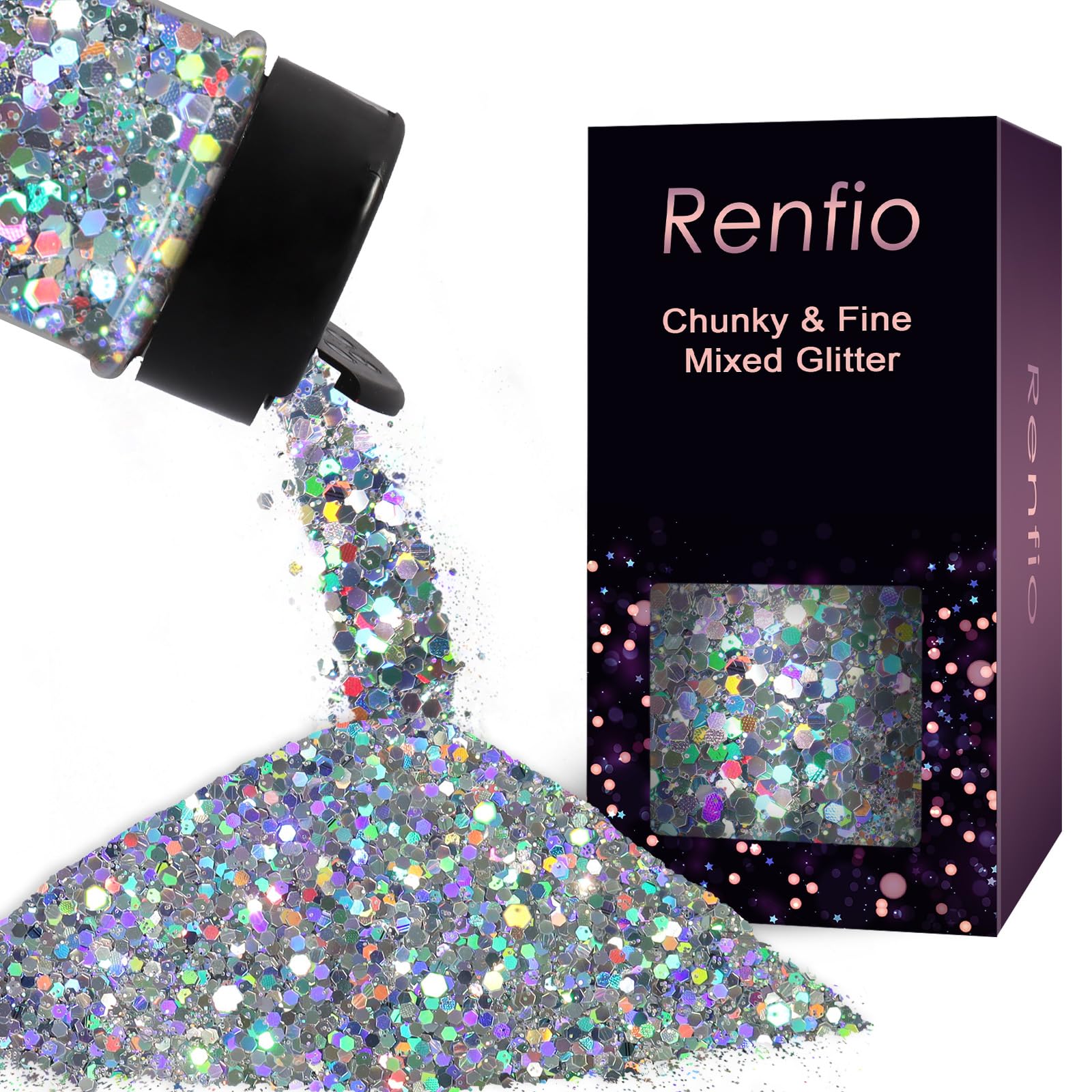 Renfio Holographic Glitter 60g Chunky Medium Size Glitter Mix Ultra Fine for Crafts Silver Glitter Sequins Resin PET Flakes for Nail Art Tumblers Slime Diamond
