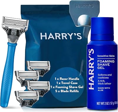 Harry's Men's Razor Set Indigo Blue Handle 5 Blade Refills 60ml Gel Travel