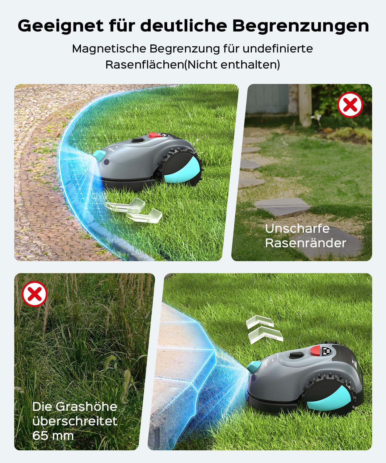 YARDCARE V100 Mähroboter ohne Begrenzungskabel Rasenroboter mit Kamera, Hindernisvermeidung, Vision Navigation, 4 Ah Akku Rasenmäher Roboter ohne Begrenzungsdraht 150㎡ mit Ersatzklingen, Spiralschnitt 7
