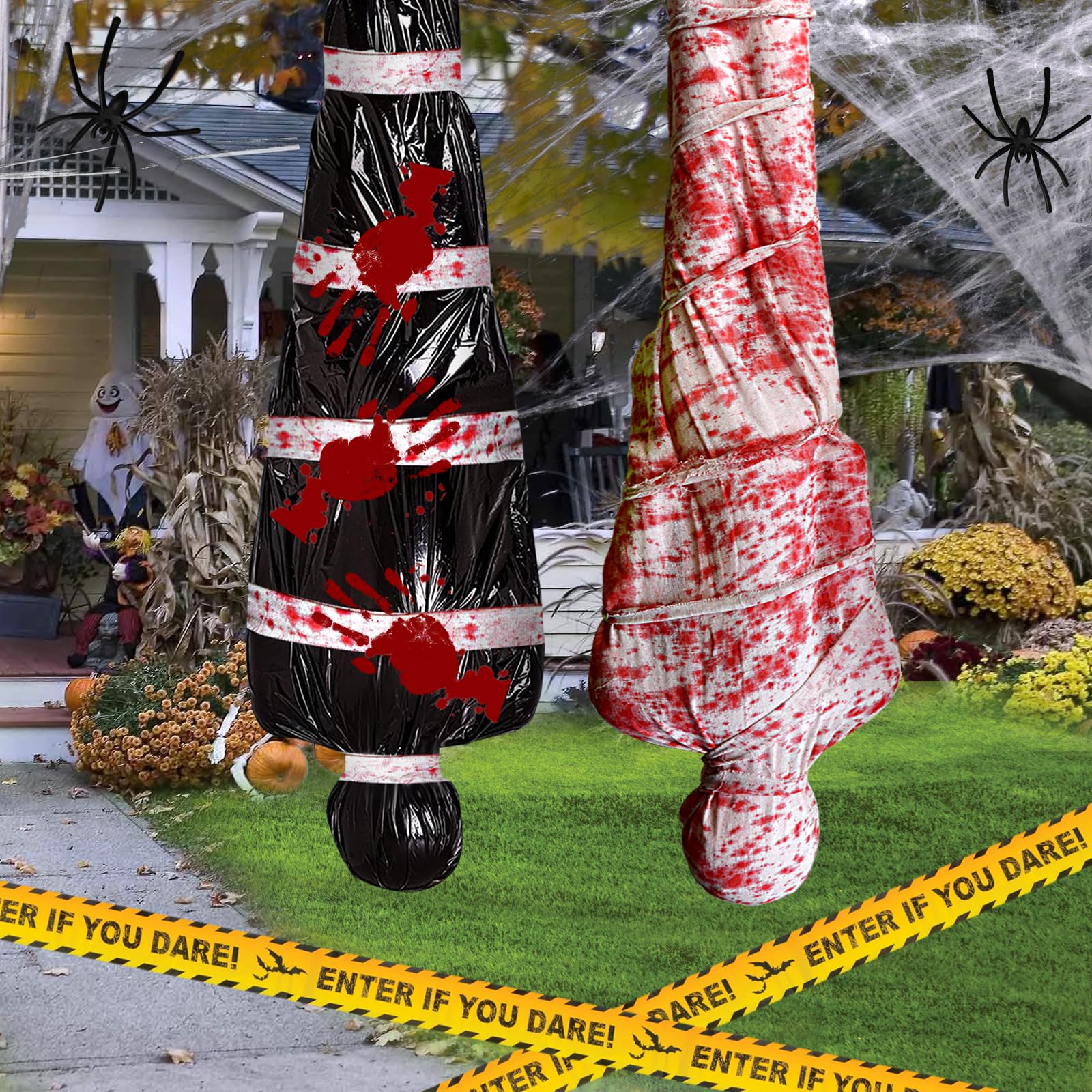 Photo 1 of 2 Packs Halloween Body Bags Decorations Outdoor Indoor,60inch Dead Body halloween Hanging Corpse Props with Bloodied Shroud,Warning Tapes,Spider Web for Yard Graveyard Crime Scene Haunted House Decor