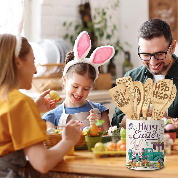 HEXAGRAM 6PC EASTER BAMBOO SPOONS CERAMIC UTENSIL HOLDER WITH SPOONS, BLUE BUNNY TRUCK COOKING TOOLS KITCHEN UTENSILS SET, FARMHOUSE EASTER DAY KITCHEN DECOR