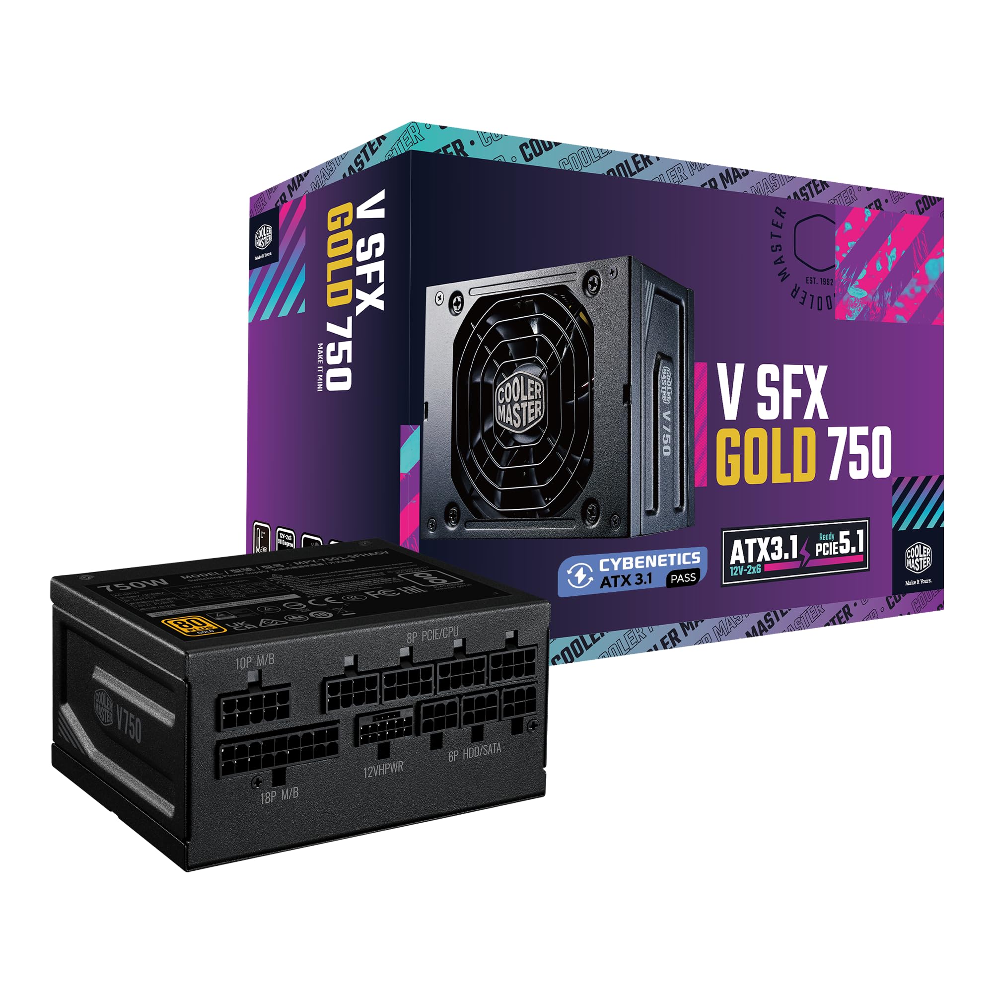 Cooler Master V750 SFX Gold Full Modular, 750W, 80+ Gold Efficiency, ATX Bracket Included, Quiet FDB Fan, SFX Form Factor, 10 Year Warranty