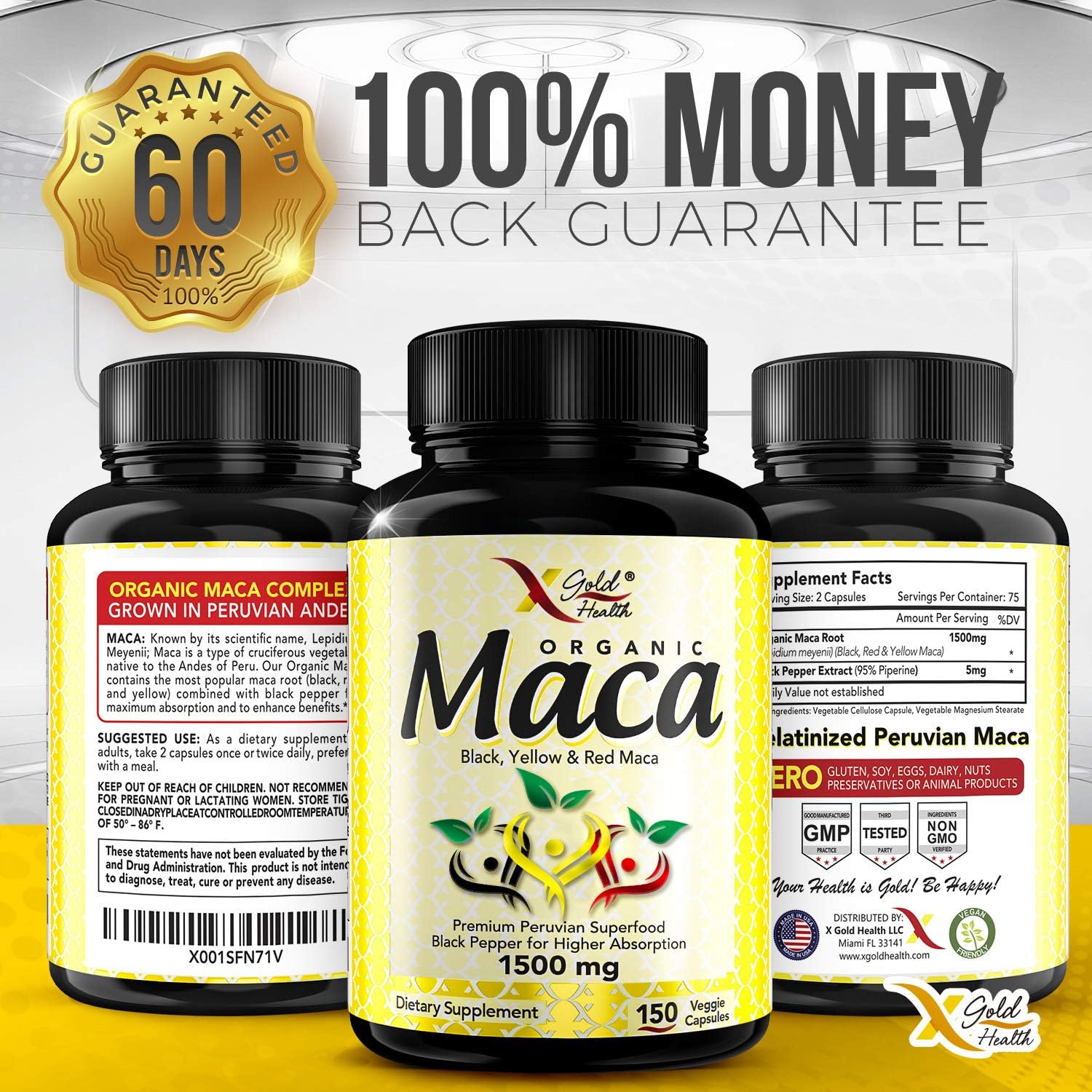 Organic Maca Root Powder Capsules Black, Red, Yellow - 150 Vegan Pills - 1500mg Strongest Peruvian Maca Gelatinized for Energy, Performance, Mood for Men and Women w/Black Pepper for Best Benefits: Health & Personal Care