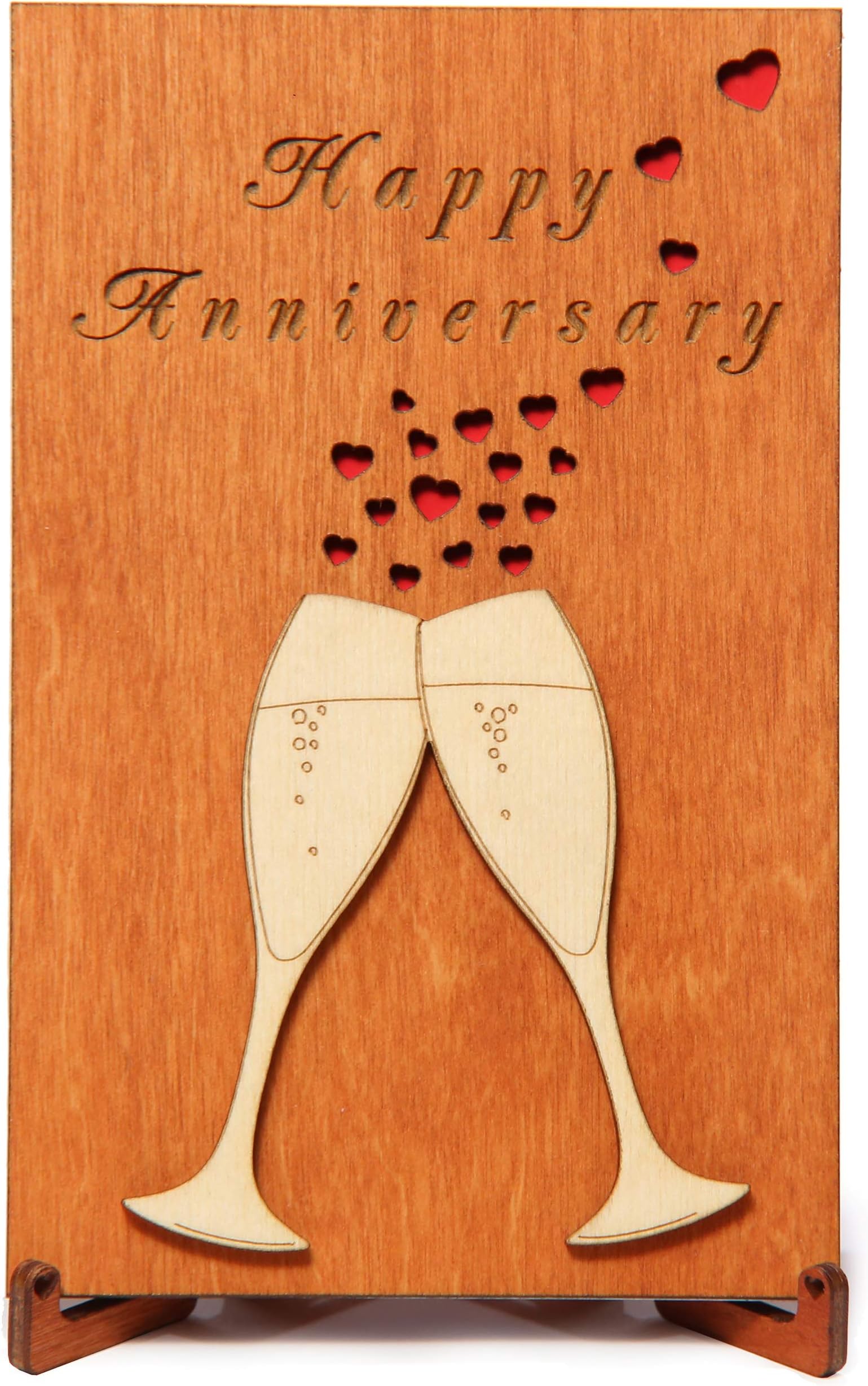 REYJUK Happy Anniversary Wooden Card with Stand. Wood Wedding Anniversary Present for Him, Husband or Her, Wife. Handmade. (Anniversary)