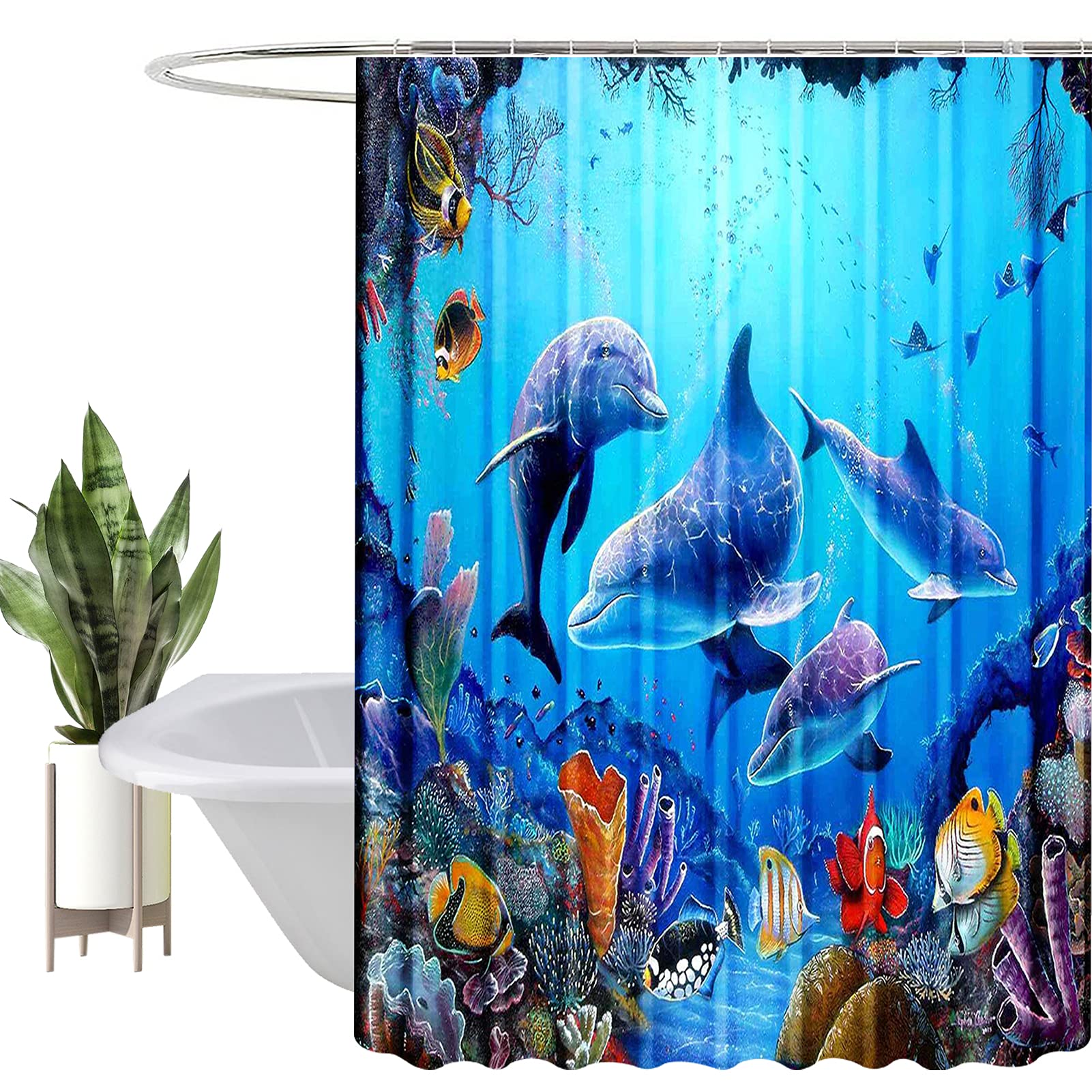 HEYOMART Shower Curtain Heavy Duty Polyester Fabric Waterproof Shower Curtain Liner, 3D Digital Painting Pattern for Shower Stall, Bathroom Curtains with 12 PCS Hooks (180x200cm, Ocean Dolphin)