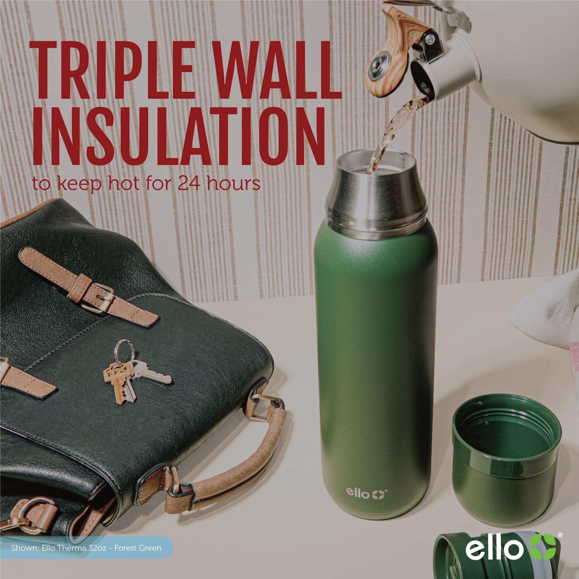 Ello Therma 32oz Insulated Stainless Steel Thermos for Hot & Cold Beverages with Leak Proof Lid & Built-in Cup, Triple Wall Insulation, Hot 24 Hrs, Perfect for Coffee,Tea, Dishwasher Safe, Blue