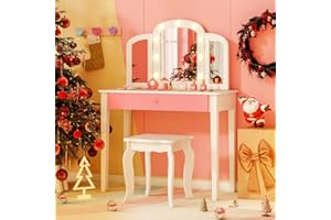 Costzon Kids Vanity, Girls Vanity Set with Mirror and Stool and Lights, Storage Drawer, Princess Toddler Makeup Vanity Desk Dressing Table, Wooden Kids Vanity Table and Chair Set (White)