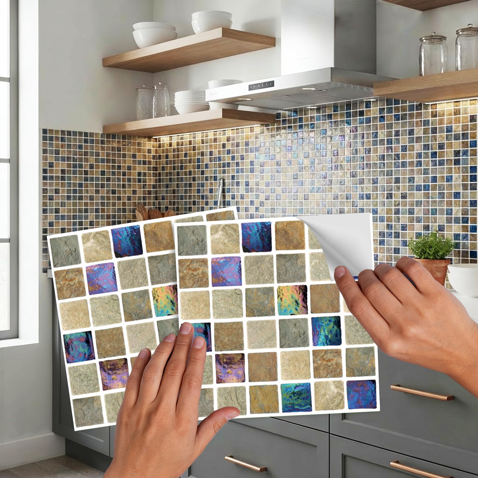 Pack of 20 Traditional Modern Art Tile Stickers transfers Peel and Stick backsplash Room Decor self Adhesive Oil Proof-Vintage Victorian Moroccan Cream Mosaic (Stone iridiscent)