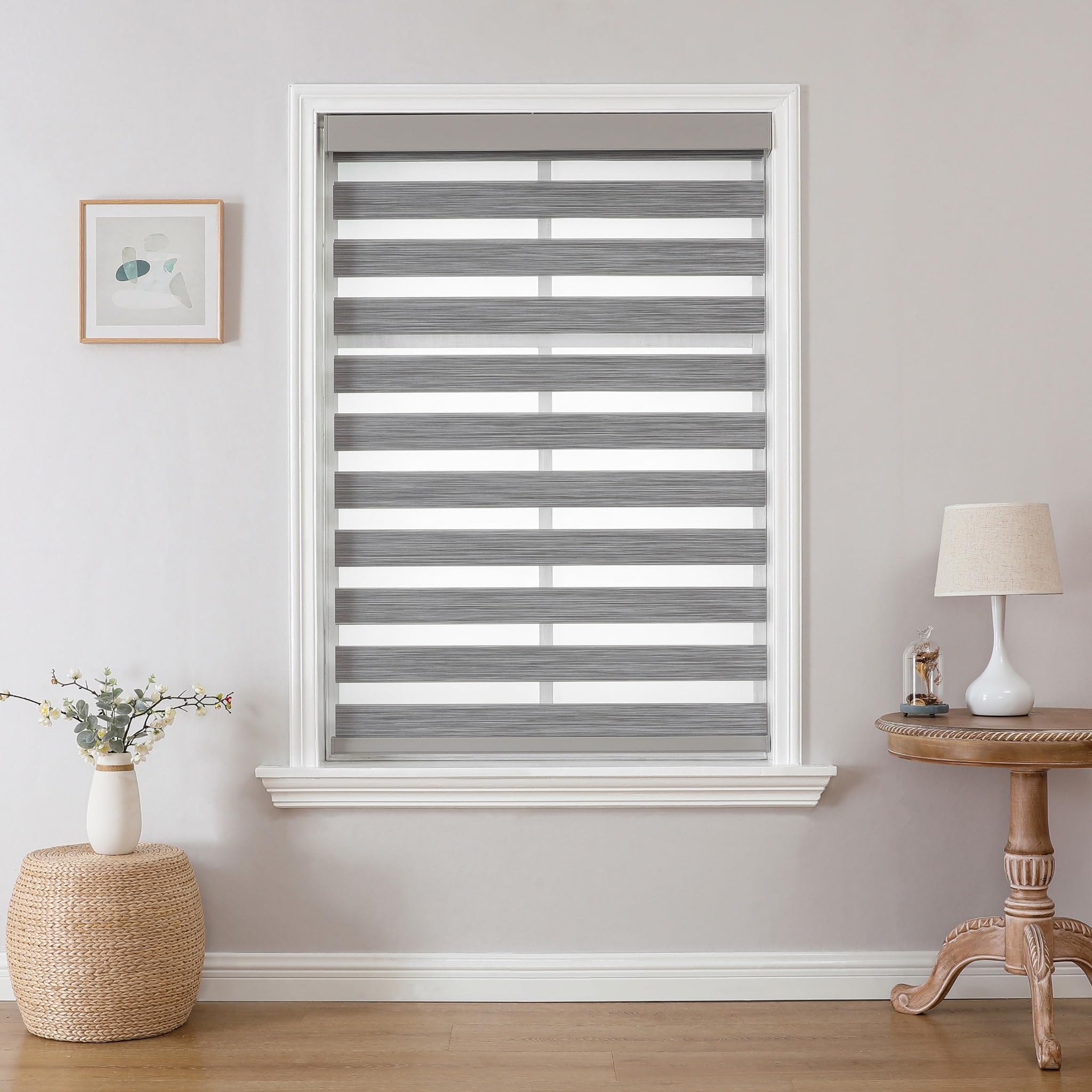 Photo 1 of ***missing hardware***Joydeco Cordless Zebra Blinds (Pro), Dual Layer Light Control Zebra Blinds for Windows, Light-Proof Aluminum Cover, Free-Stop Roller Shades for Home & Office (Gray, 58" W x 75" H)
