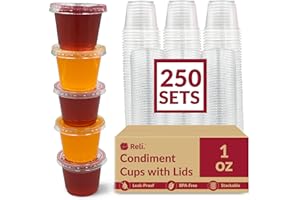 Reli. 1 oz Small Containers with Lids (250 Sets) | Jello Shot Cups with Lids | Clear Plastic Condiment Containers | Portion Cups, Sauce, Souffle | Stackable | Bulk