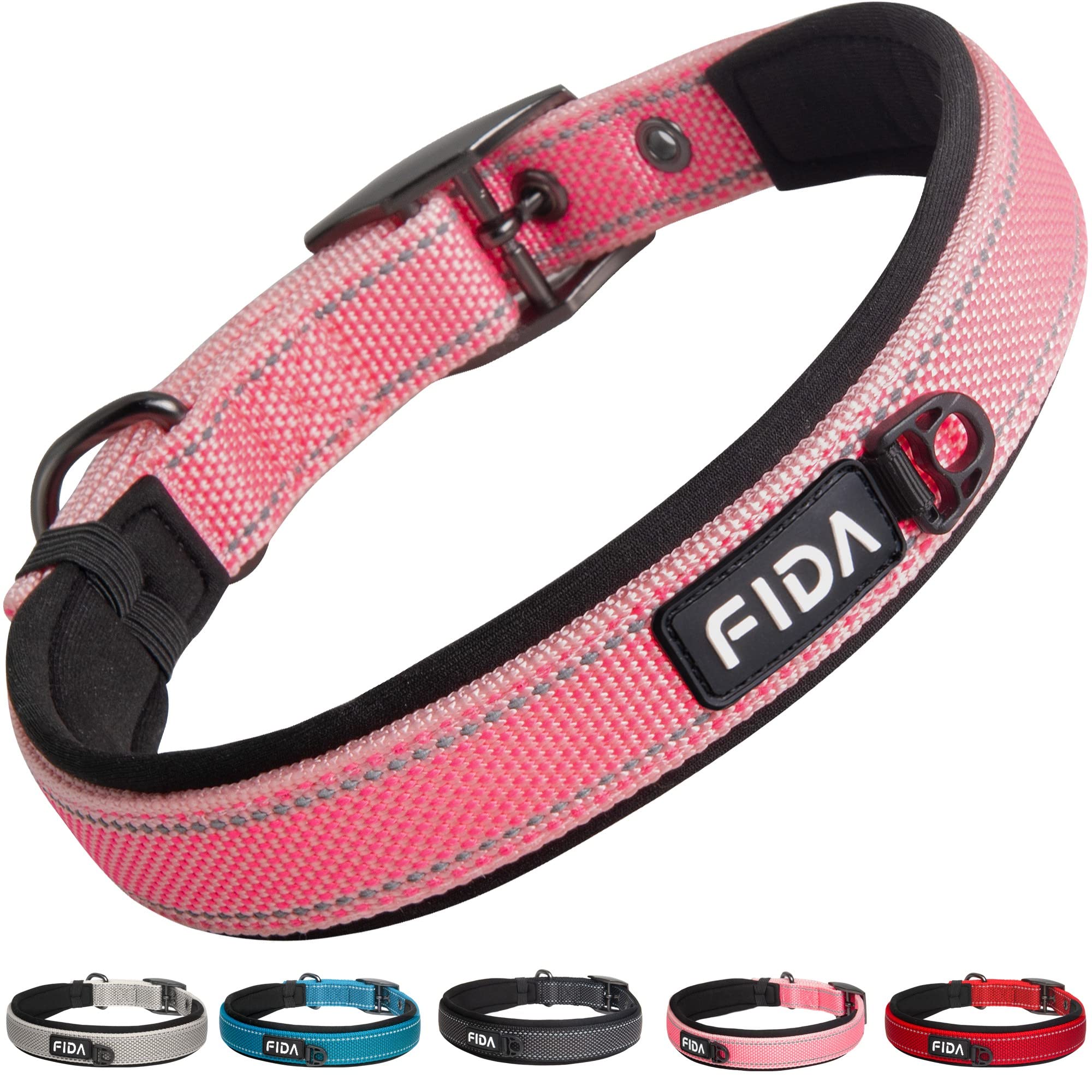 Fida Padded Dog Collar, Metal Belt Buckle Dog Collar with Double-Layer Webbing, Heavy Duty Collar for Medium Dogs, Pink