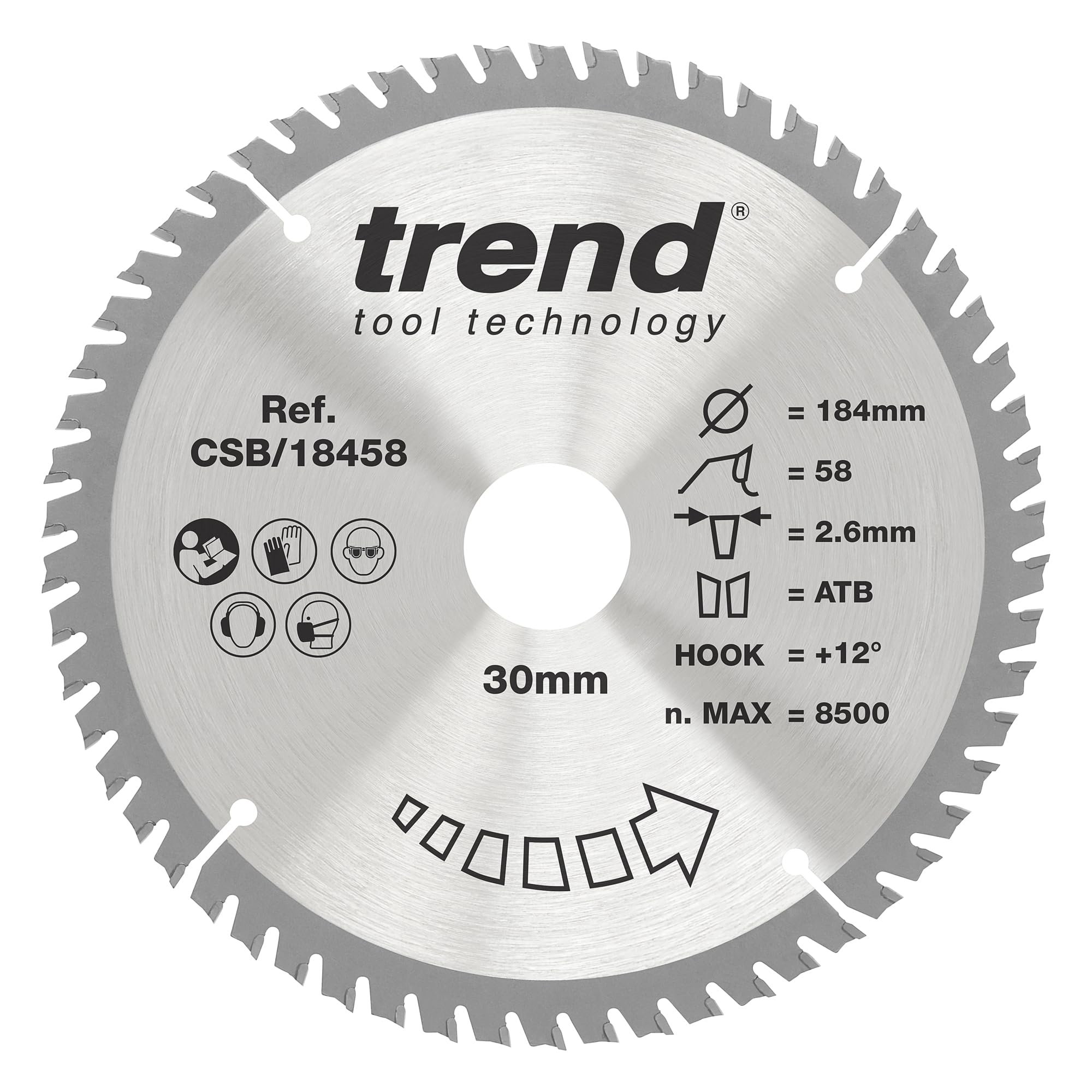 Trend Wood Circular Saw Blade, 184mm Diameter, 30mm Bore, 58 Teeth, 2.6mm Kerf, +12° Hook, TCT, Extra-Fine Finish, CSB/18458