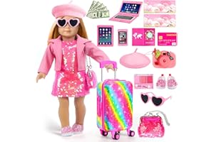 ARTST American 18 Inch Doll Clothes Accessories-18 inch Doll Suitcase-Glasses,Beret,Shoes,Handbag,Camera, Passport,Mobile Phone Travel Set Toys for 3-12 Girls