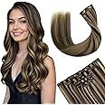 Hetto Clip in Hair Extensions Real Human Hair Brown with Caramel Blonde Highlights Real Human Hair Clip ins Brown Highlighted Full Head 18inch 5Pcs 80g