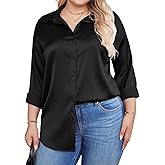 IN'VOLAND Womens Plus Size Satin Blouse Button Down Shirts Casual V Neck Long Sleeve Office Work Tops