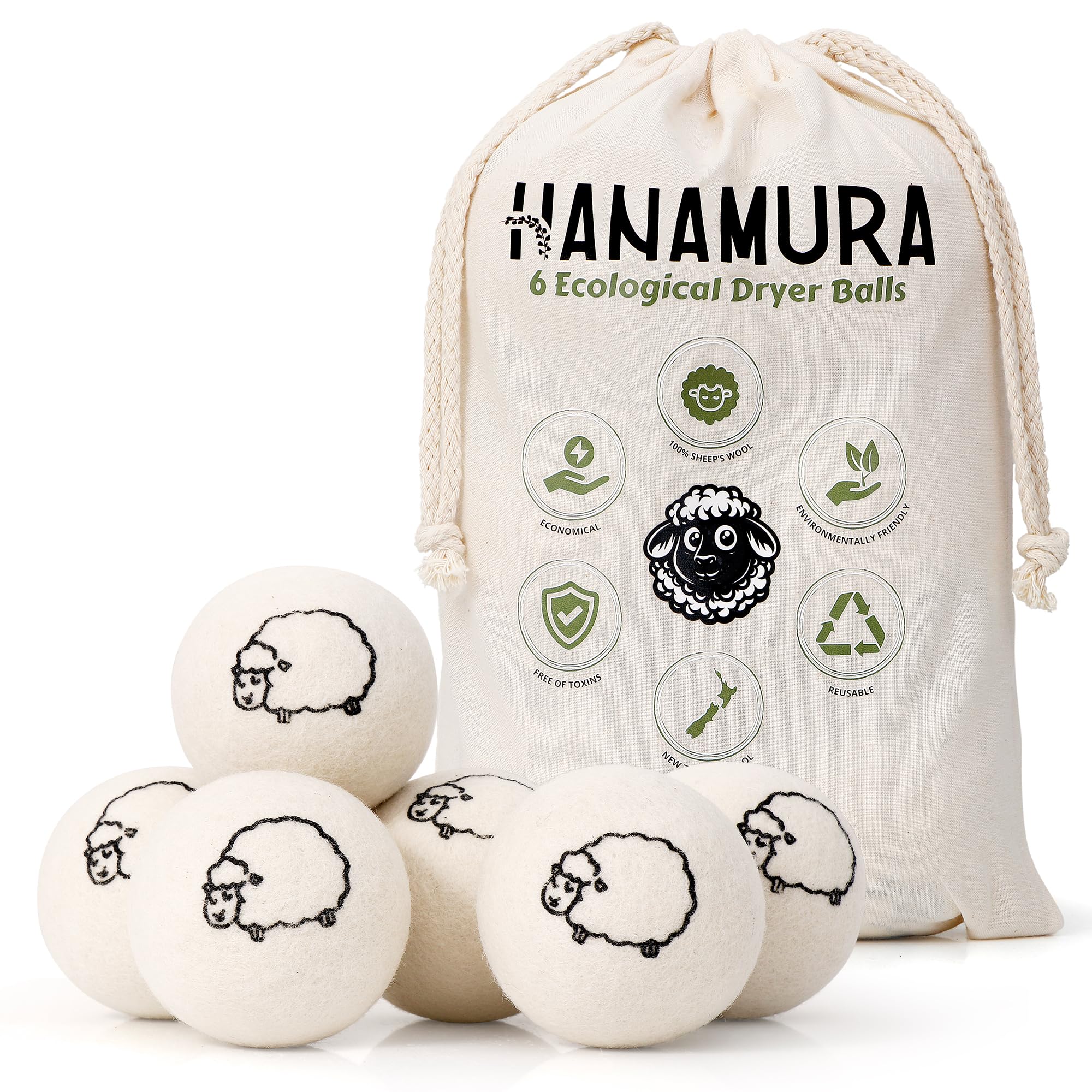 Photo 1 of Hanamura ONLY COMES WITH 2 XXL Wool Dryer Balls - TÜV Tested 100% New Zealand Wool Balls for Dryer - Energy Saving & Baby-Safe Reusable Dryer Balls for Laundry - Non-Toxic Fabric Softener for WAD Free Laundry
