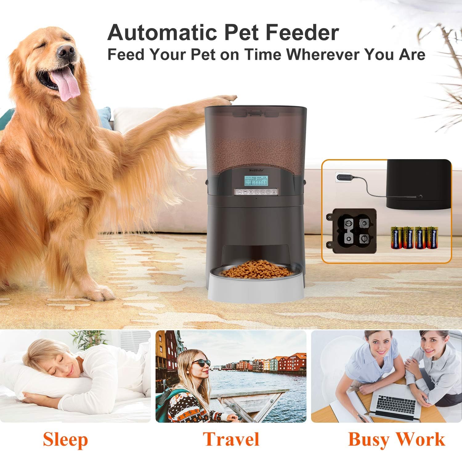 Kitchen & Dining : WellToBe Automatic Cat Feeder, 7L Pet Feeder Transnsparent Food Dispenser for Dogs and Cats, Programmable Timer for up to 6 Meals per Day, 1-48 Portion Control, 10s Voice Recorder : 
