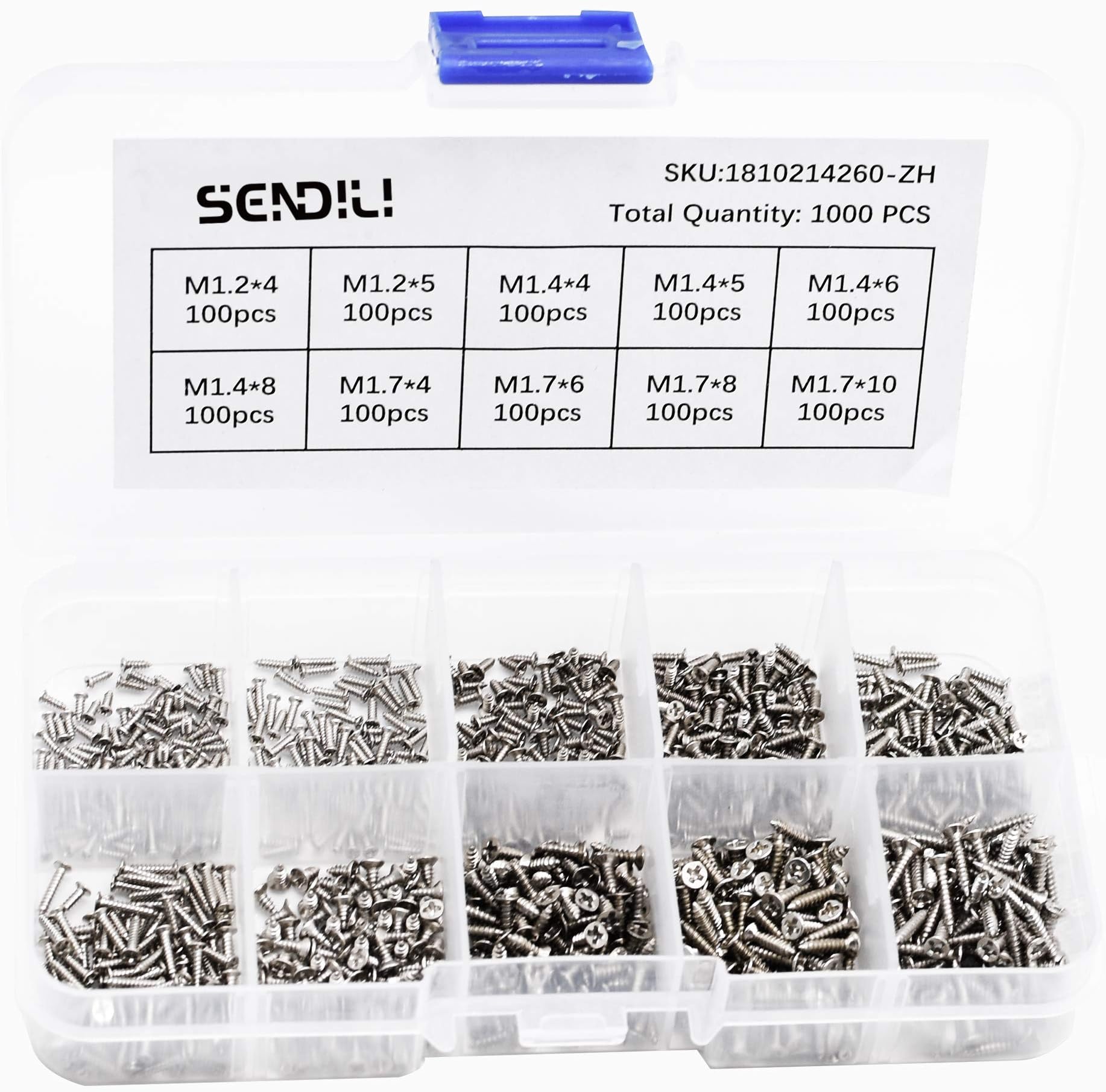 SENDILI Self Tapping Screws Assortment - M1.2 M1.4 M1.7 Electronic Wood Screws Set Cross Recessed Countersunk Head Tapping Screws, Style A （1000pcs）