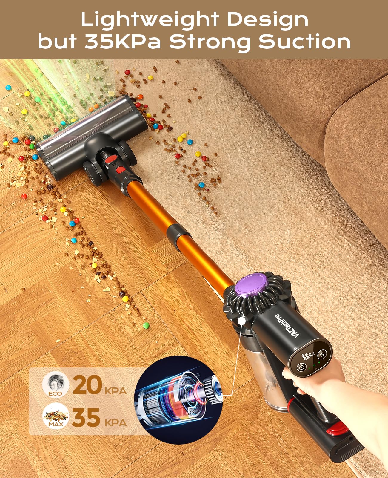 VACTechPro V15 Cordless Vacuum Cleaner, 35KPA 6-in-1 Stick Vacuum, Up to 45Mins Runtime Lightweight Vacuums with Detachable Battery, for Hardwood Floor Carpet Car Pet Hair