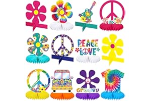 Nezyo 12 Pcs Tie Dye Hippie Party Honeycomb Centerpieces Decorations 60's 70s Themed Table Topper Decor Retro Flower Cutout Peace Sign for Hippie Groovy Birthday