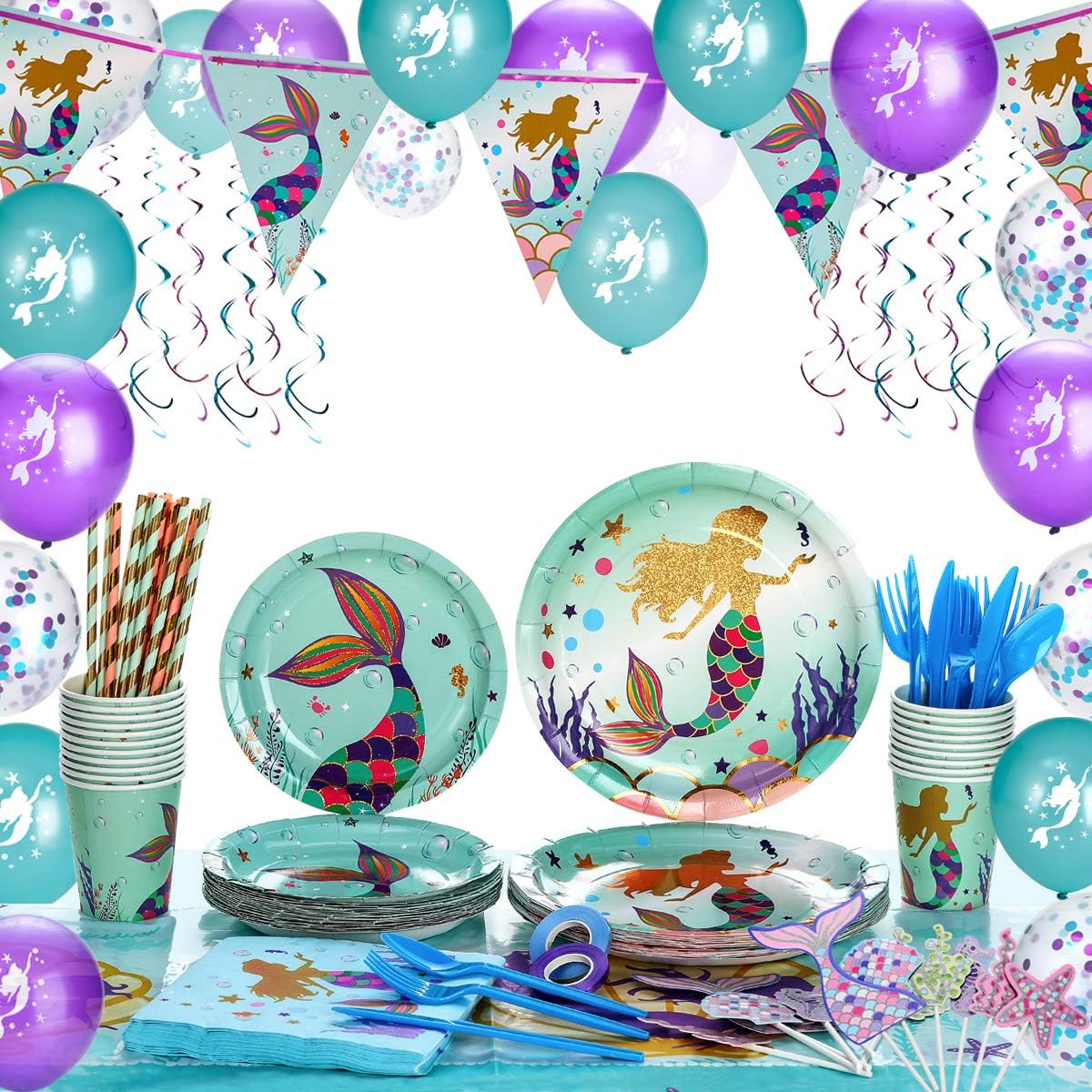 Mermaid Party Supplies Set –Includes Birthday Party Decorations And Disposable Dinnerware Kit-Serves 20 Guests