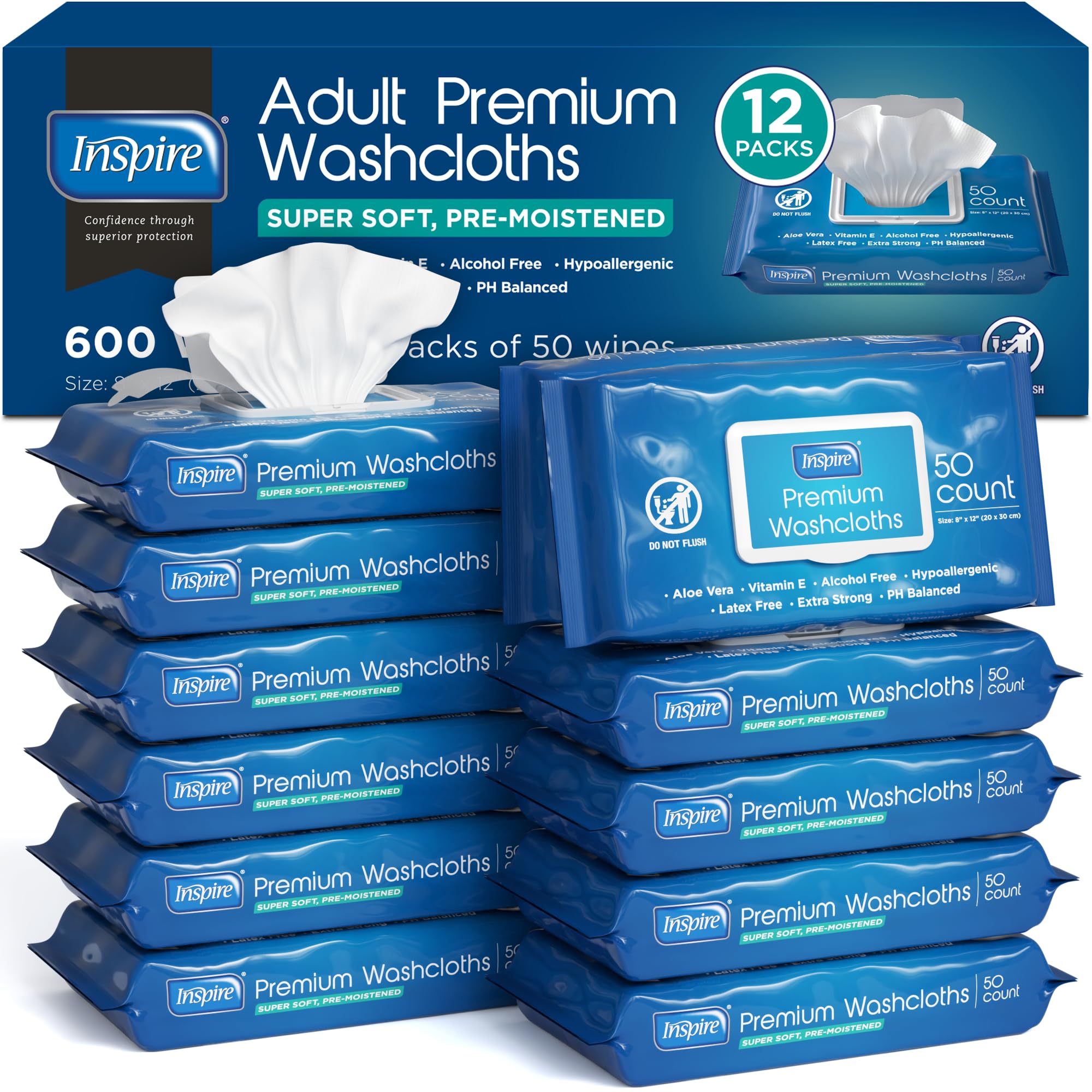 Photo 1 of Inspire Adult Wet Wipes, Wash Cloths | Adult Wipes for Incontinence & Cleansing for Elderly, 8"x12" Count 12 packs of 50