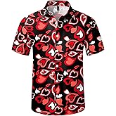 Arankhiger Men Valentines Button Down Shirts Heart Print Short Sleeve Casual Hawaiian Shirt