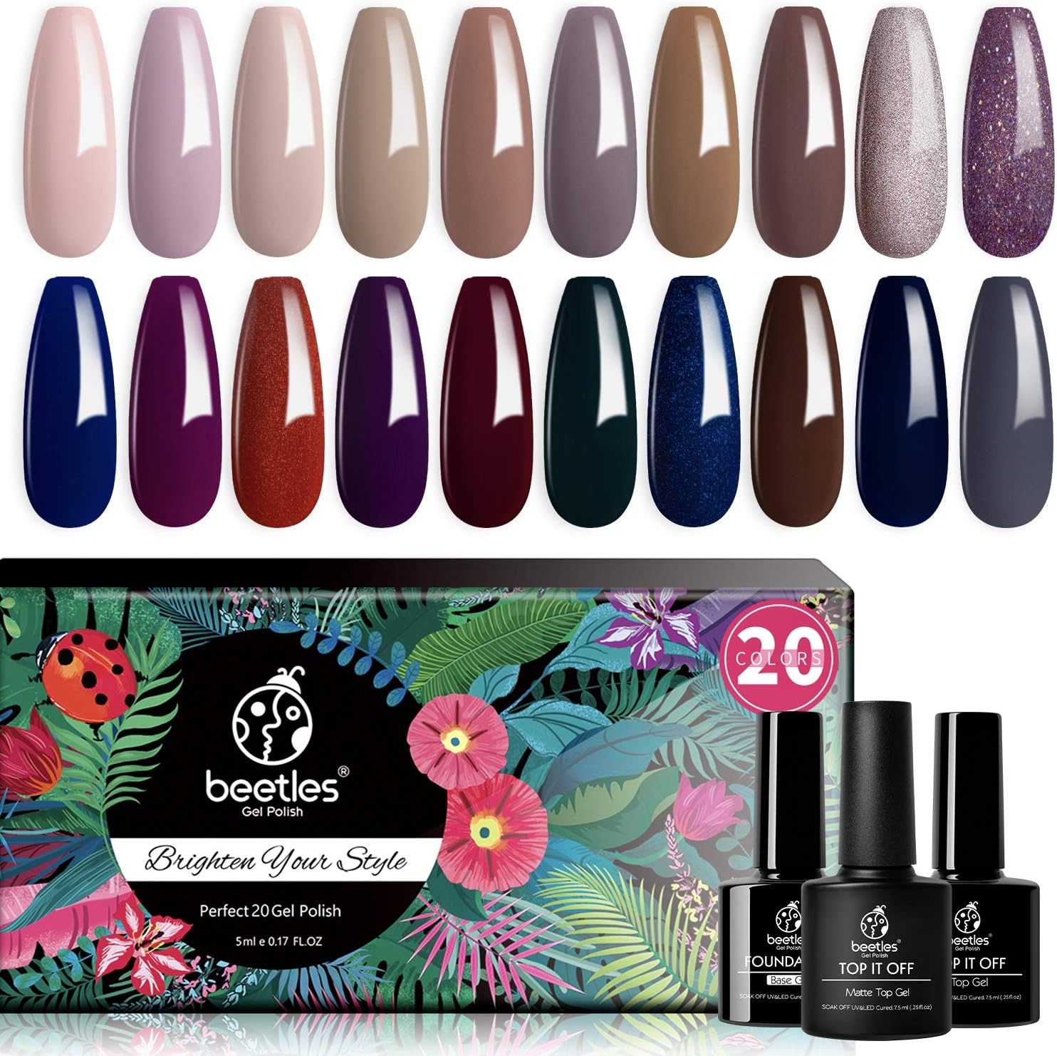Beetles 20 Pcs Gel Nail Polish Kit, Spring into Summer Collection Soak Off Nail Gel Polish Pastel Nail Polish Neon Gel Polish Starter Kit with Glossy & Matte Top Coat and Base Coat : Beauty