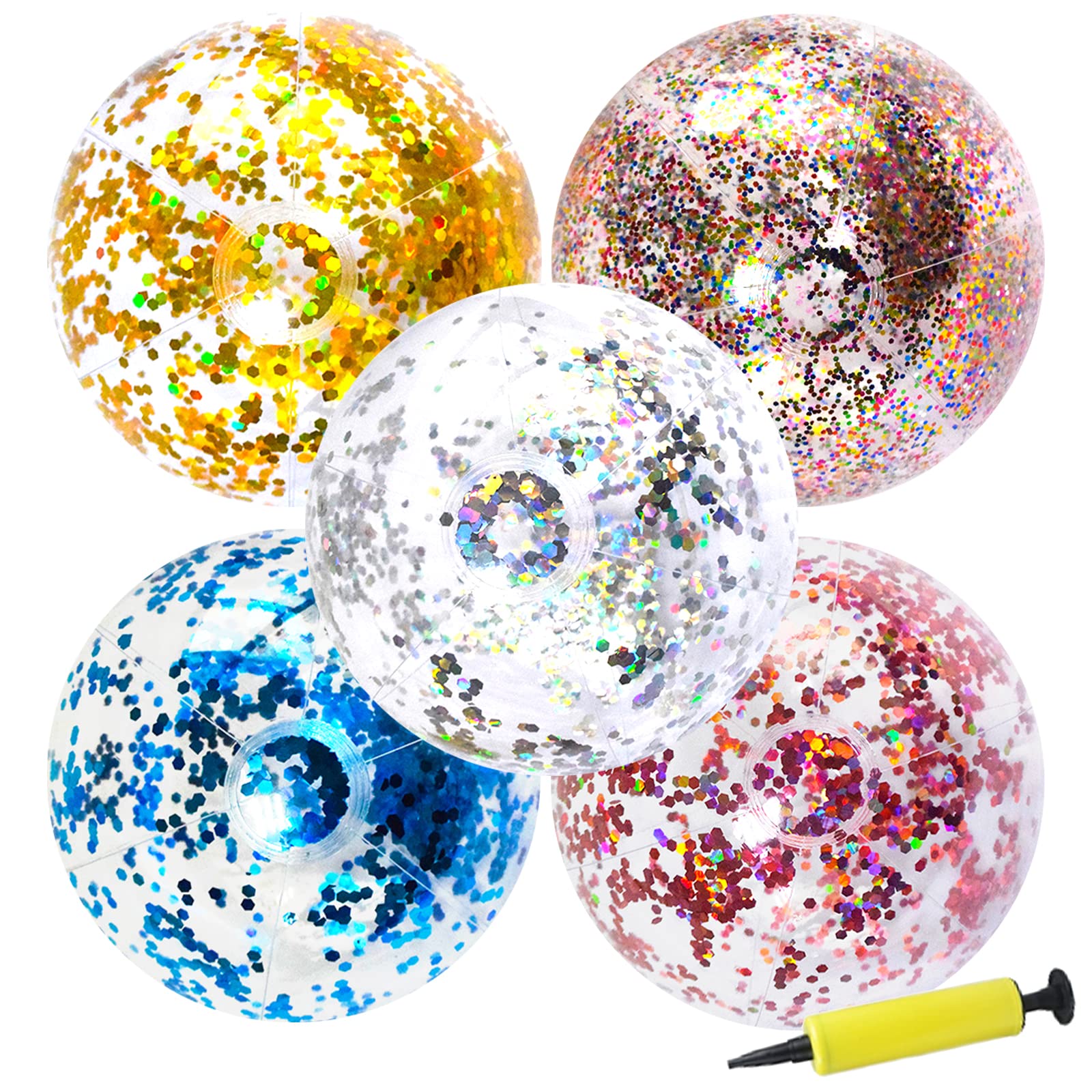 Gukasxi 5 Pcs 16 Inch Inflatable Glitter Beach Ball, Confetti Beach Balls Transparent Sequin Beach Balls Swimming Pool Balls for Adult Kids Summer Pool Party Toys with Inflator Summer Beach Favor