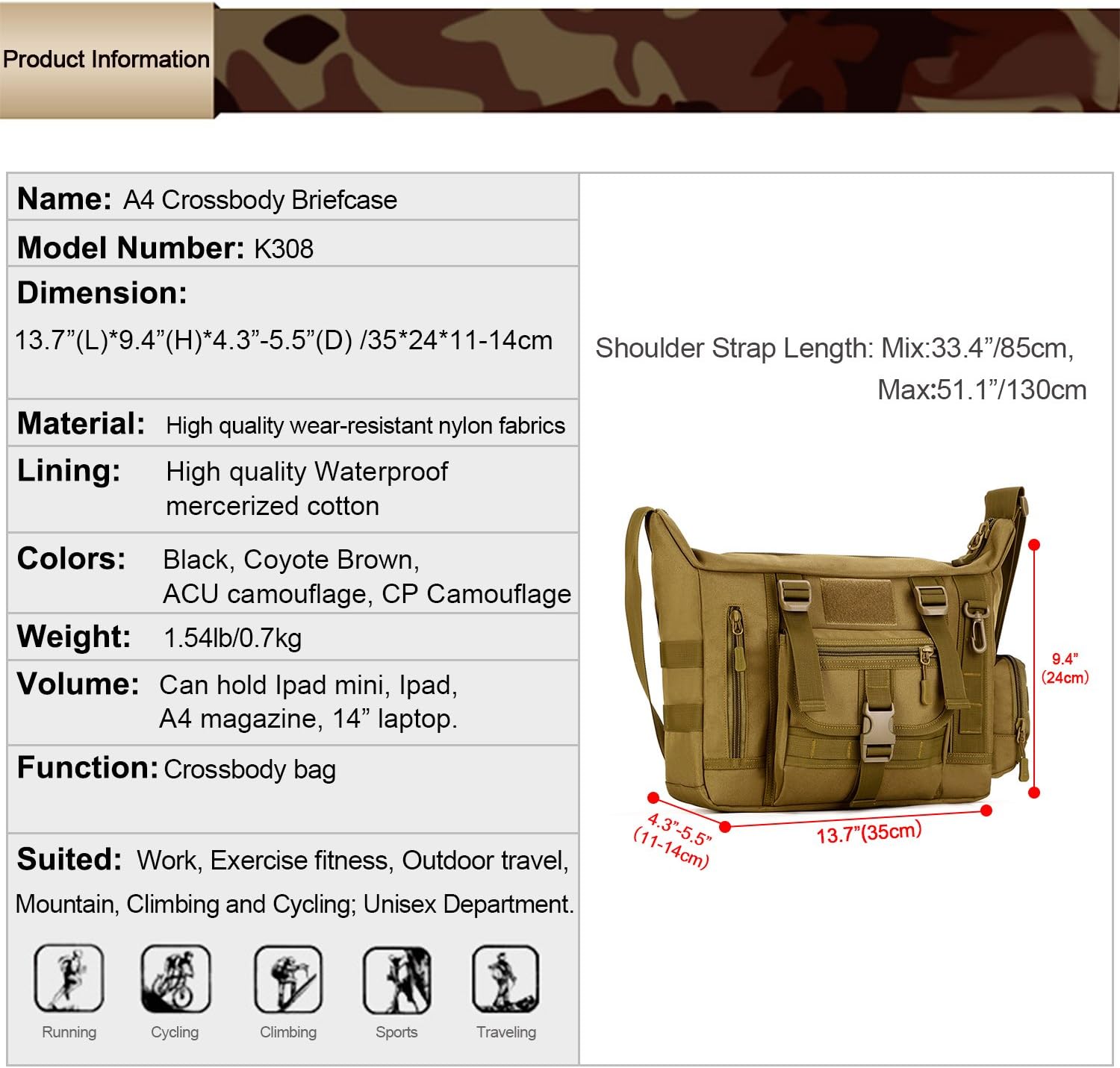HUNTVP Messenger Bag Tactical Shoulder Cross Body Bags Men Military Laptop Pack for Men Women Work Travelling Camping Hiking Outdoor (Black) - Image 4