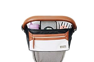 Itzy Ritzy Adjustable Stroller Caddy – Stroller Organizer Featuring Two Built-in Pockets, Front Zippered Pocket and Adjustable Straps to Fit Nearly Any Stroller, Coffee and Cream