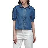 EZAPINE Denim Shirt Women Puff Sleeve Cropped Button Down Jean Tops Summer Business Casual Tops