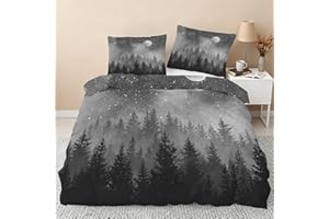 Forest Duvet Cover Queen Size, Moon Star Woodland Bedding Set 3 pcs with 2 Pillow Covers, Grey Forest Bedroom Decor, Soft Mic