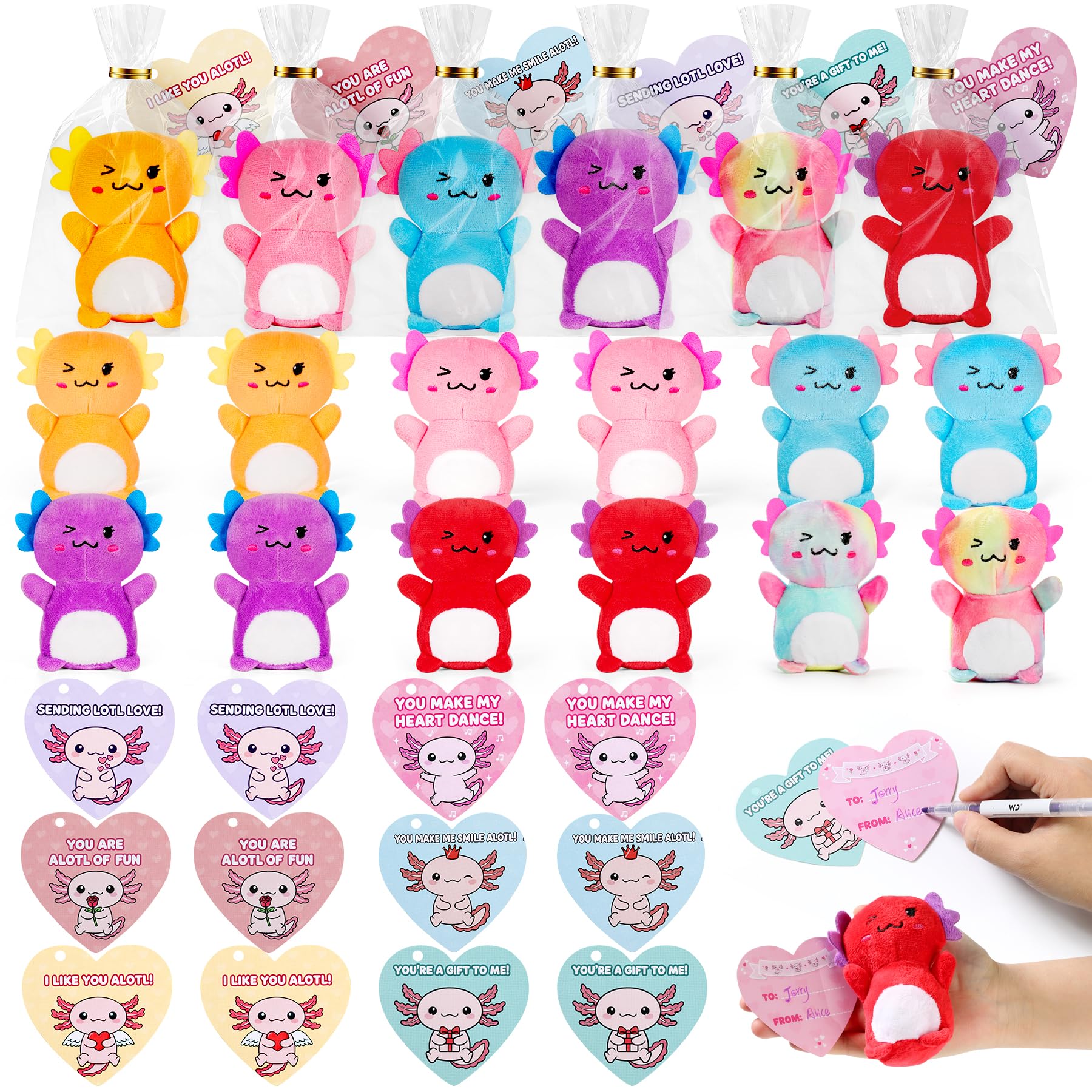 Photo 1 of 12Pcs Valentines Day Gifts for Kids,Valentines Day Cards with Axolotol Stuffed Animal Gifts,4“ Axolotl Plush Toys,Mini Stuffed Animals Set for Boys Girls Classroom Exchange School Party Favors