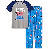 Beezizac Big Boys Pajamas Teal & Navy Face 2-Piece Fun Short Sleeve & Pants PJ Set Kid Cozy Sleepwear Size 6-18