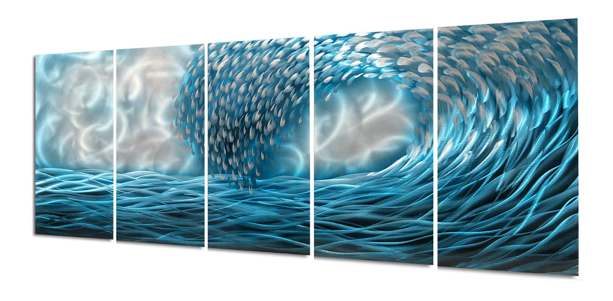 Photo 1 of ***DAMAGED***Yihui Arts Hand Crafted Blue Sea Wave 3D Metal Wall Art - Coastal 5 Panel Aluminum Sculpture for Big Abstract Office, Hallway, Fireplace, and Home Decor