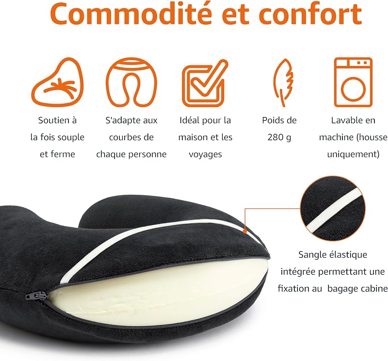 Semi-circulaire Coussin tour de cou en mousse à mémoire de forme, Noir