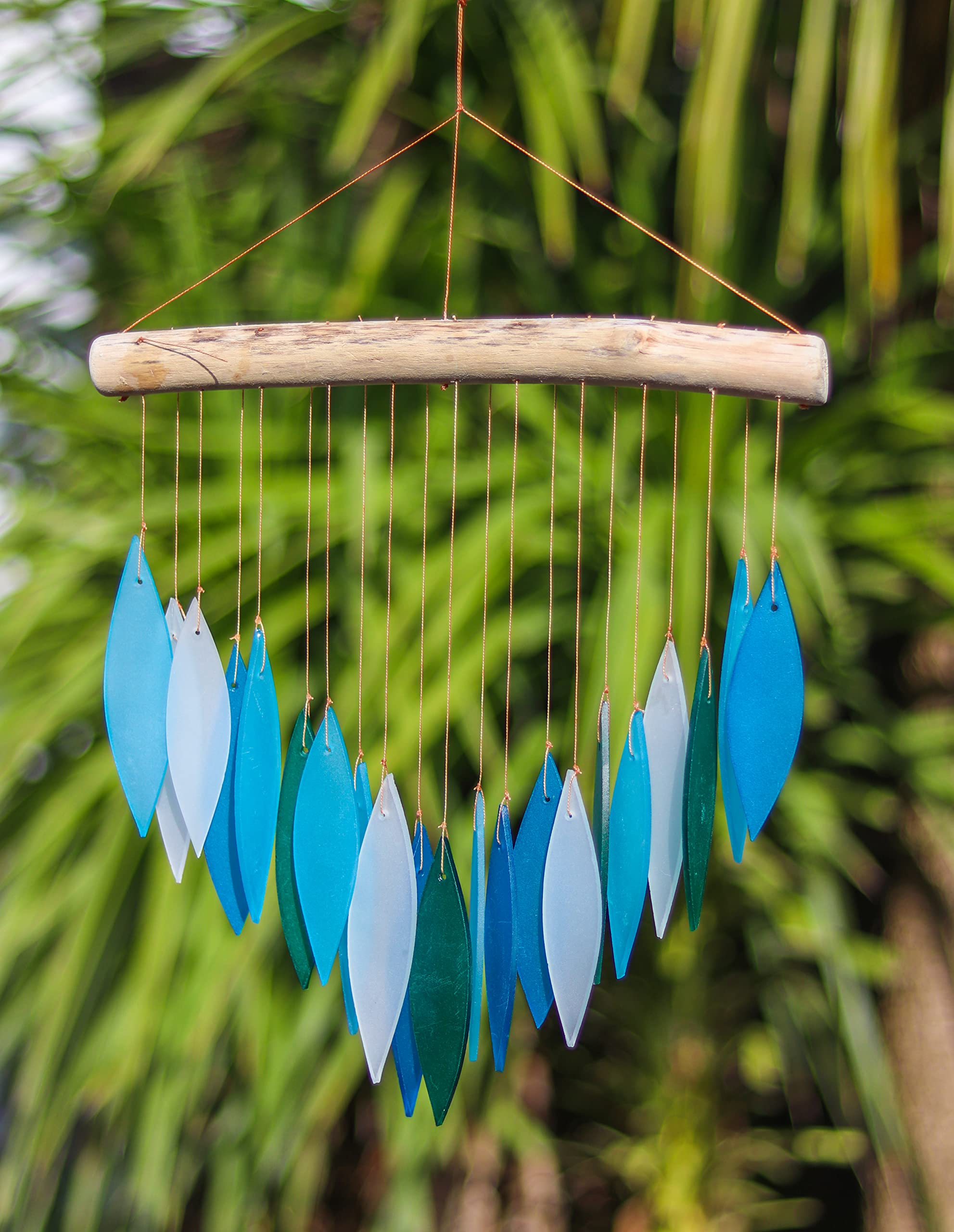 My Family House Blue Glass Wind Chime Recycled Glass and Bamboo Driftwood Garden Chime Hanging Outdoors Indoors Multicoloured Fairtrade Eco Friendly Handmade Fairtrade