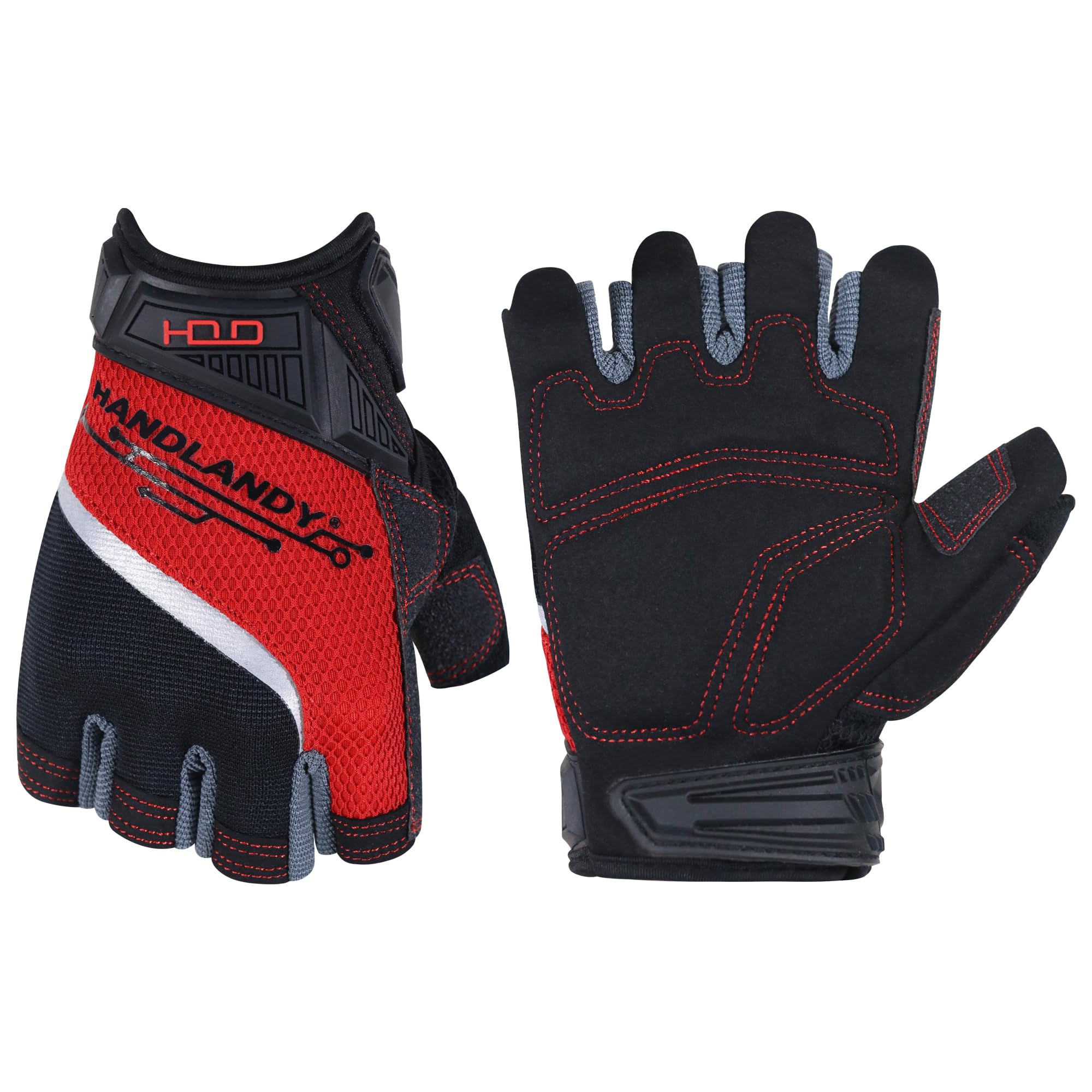 HANDLANDY Fingerless Work Gloves, Men Women Padded Half Finger Framer Mechanic Construction Carpentry Working Gloves (Red, L)