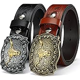 DOOPAI Men's Western Cowboy Belt – Longhorn Bull Pattern Buckle with Printed Engraving, Adjustable Strap, Fits Jeans