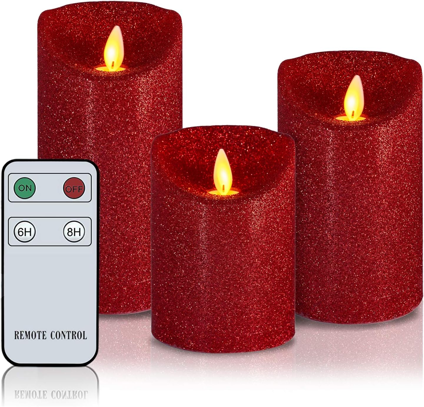 Glitter Moving Flame Led Candles Lights Real Wax 4″5″6″Set of 3 Battery