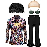 Mepase 6 Pcs Men 70s Disco Costumes Include Retro Shirt Bell Bottom Pants Wig Sunglasses Necklace Wig Cap for Disco Party